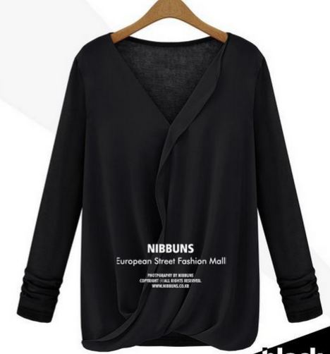 เสื้อผู้หญิง แขนยาว แบบ มีดีไซน์ ผ้า Cotton แต่งระบาย ด้วยผ้าซีฟอง เสื้อยืด แบบเก๋ ๆ สีดำ เสื้อคอวี แฟชั่นจากยุโรป 4610355_2