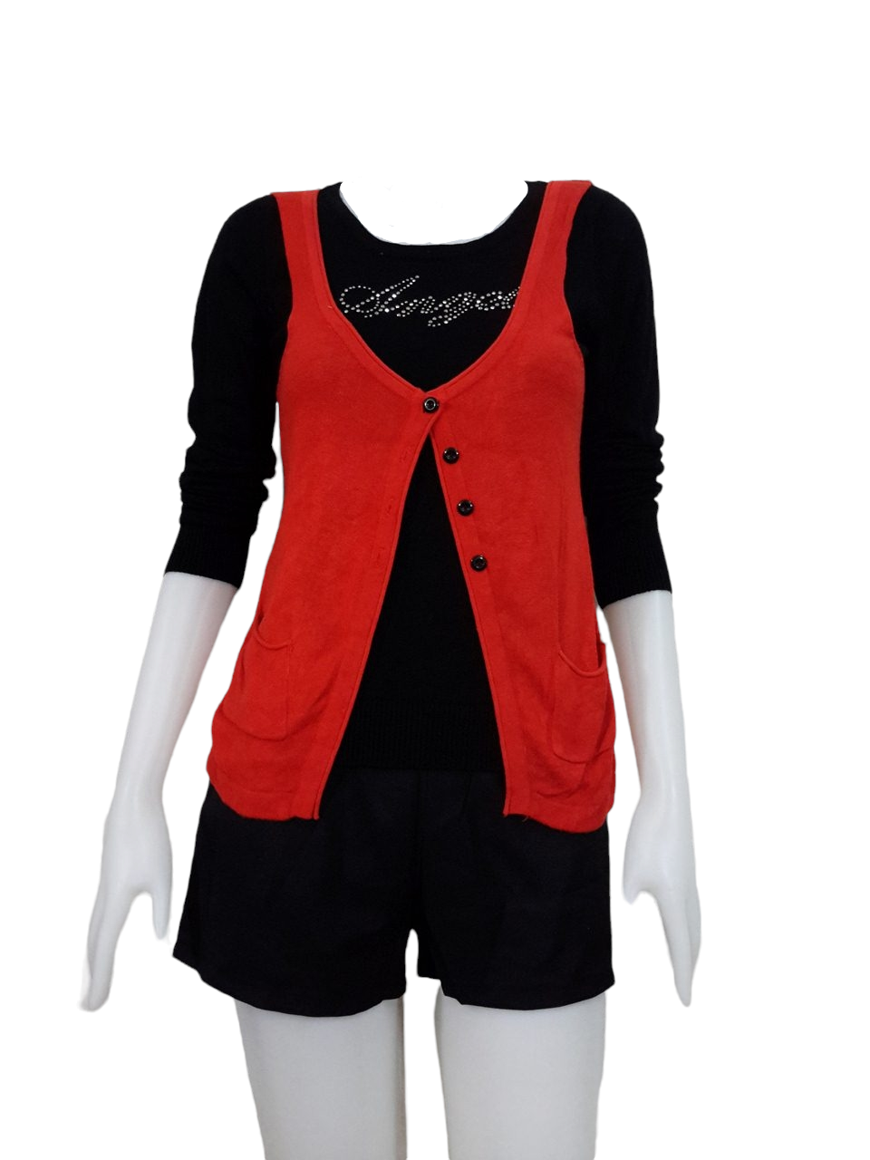 Blouse3539 2nd hand clothes เสื้อไหมพรมเนื้อแน่นผ้านุ่ม(เนื้อหนาปานกลางมีน้ำหนัก) แขนยาว คอกลม เย็บติดเสื้อกั๊กกระดุมหน้าเหมือนใส่สองชิ้น สีดำส้ม