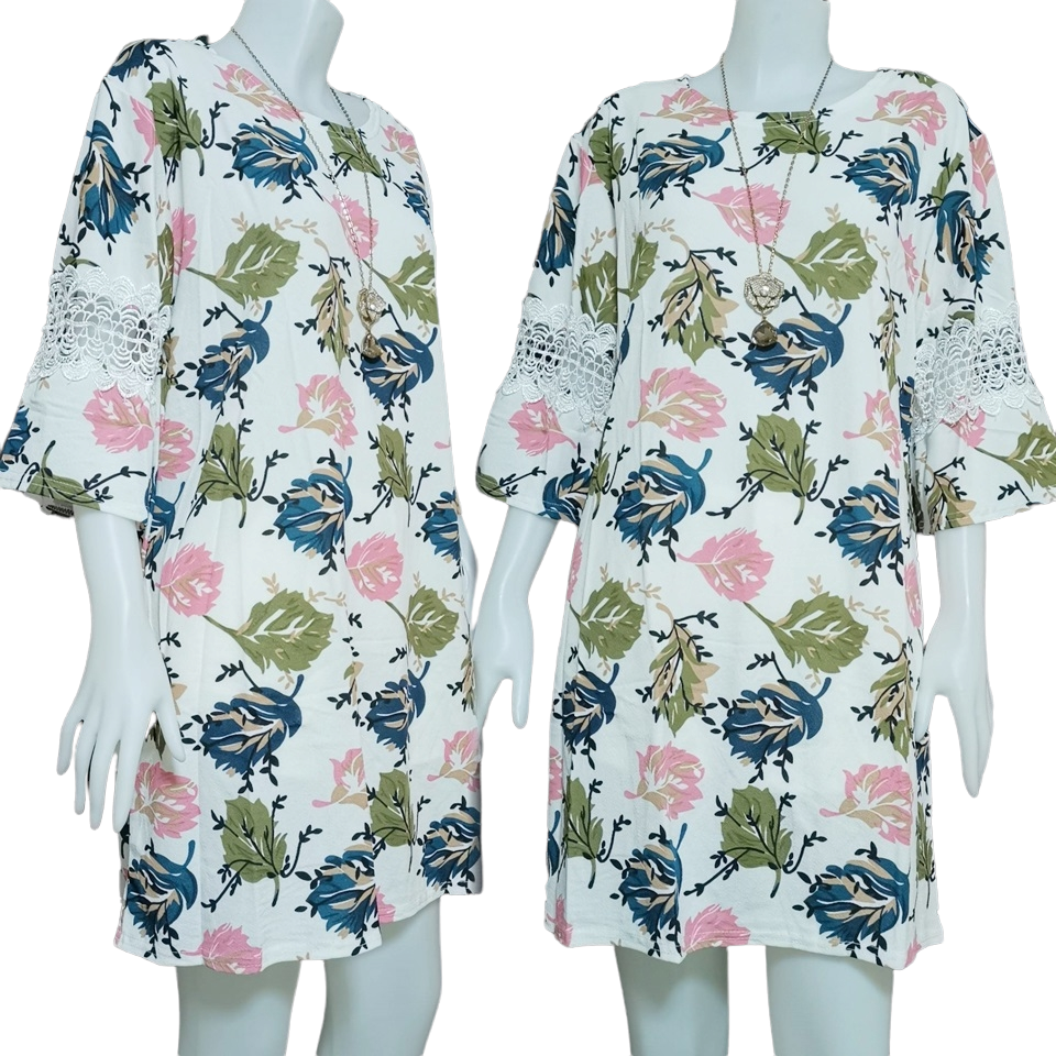 Dress4387 เดรสไซส์ใหญ่ทรงปล่อยลายดอกไม้ แขนสามส่วนระบายแต่งลูกไม้ ผ้าวูลเวฟ(ผ้าหนังไก่)เนื้อดีหนานิ่มมีน้ำหนักยืดขยายได้เยอะใส่สบายสุด งานดีทรงสวย ทรงนี้ใส่ได้เรื่อยๆ มี 5 สี แดง, ขาว, ชมพู, กรม, ดำ
