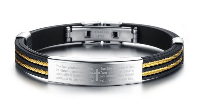 สร้อยข้อมือผู้ชาย กำไลข้อมือผู้ชาย สาย silicone สีดำ แต่งด้วย Stainless steel สลักไม้กางเขน ร้อยด้วย โซ่ทอง no 384208