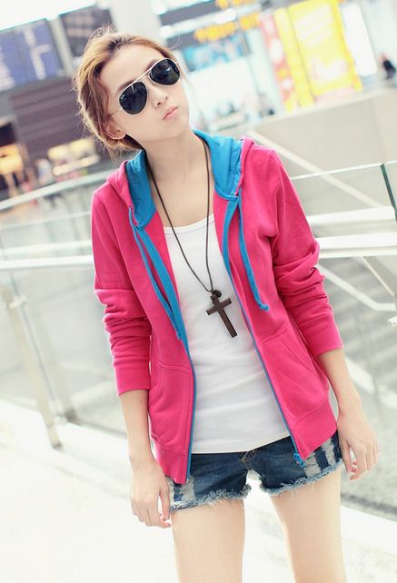 พร้อมส่ง - pink เสื้อคลุมแฟชั่นเกาหลี ลุคSport girl สุดน่ารัก มีฮูด เลือกขนาดด้านล่าง