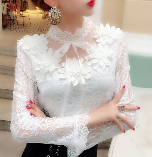 เสื้อผ้าลูกไม้ แบบปิดคอ สีขาว เสื้อลูกไม้ แขนยาว ใส่ออกงาน แบบหรู แต่งดอกไม้ เก๋ ๆ เสื้อลูกไม้ใส่ออกงานหรู 899190
