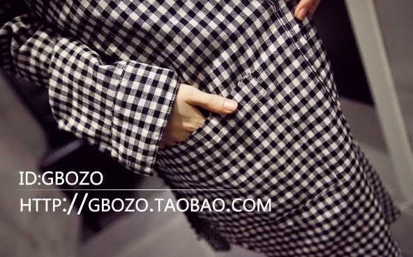 เสื้อคลุมตัวยาว เกาหลี ผ้าฝ้าย พิมพ์ลายตาราง มีกระดุมหน้า + กระเป๋าข้าง พร้อมส่งจ้า ดำ