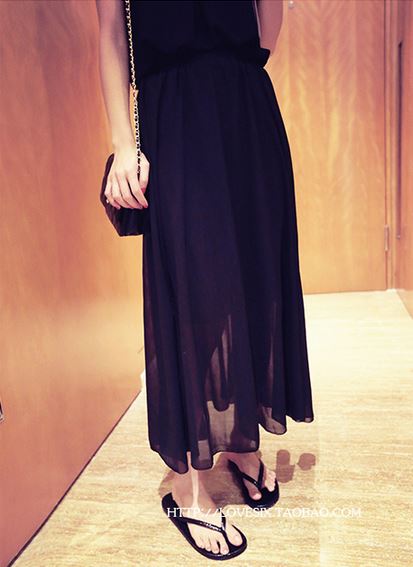กระโปรงซีฟองยาว ซีทรู พร้อมส่ง สีดำ black มีซับใน black