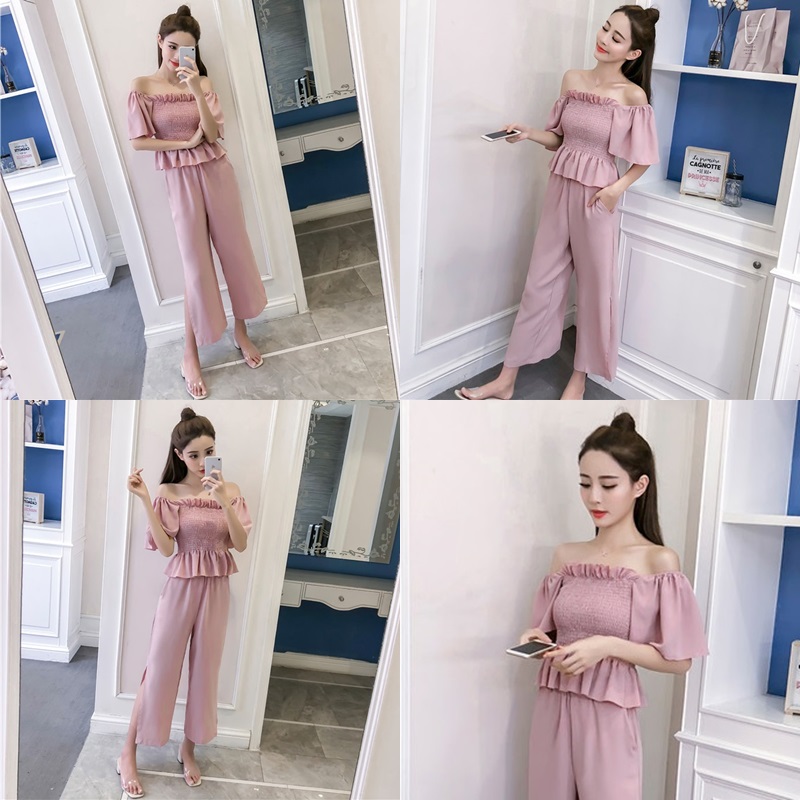 Set_bt1800 ชุดเซ็ท 2 ชิ้น(เสื้อ+กางเกง) เสื้อเปิดไหล่สม็อครอบอกแขนทรงปล่อย+กางเกงขายาวเอวยางยืดผ่าชายเล็กน้อยเพื่อความคล่องตัว มีกระเป๋าข้าง ผ้าชีฟองเกรดพรีเมียมเนื้อดีหนานุ่มมีน้ำหนักใส่สบายไม่ยับง่าย งานน่ารักเก๋ๆ ใส่เที่ยว/ใส่ทำงานได้