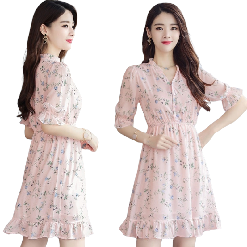 Dress4620 เดรสชีฟองลายดอกไม้สีชมพู กระดุมผ่าหน้าช่วงอก ทรงคอวีปกระบายเล็กๆ เอวยางยืด แขนสามส่วนระบาย