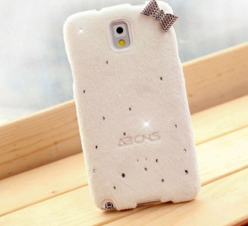 เคส Samsung galaxy note 3 n9000 n9009 n9005 เคสขนนุ่ม ติดคริสตัล วิ้ง ๆ และ โบว์ ที่ขอบ สีขาว no 74248