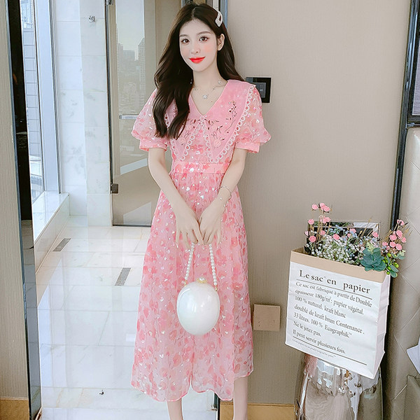 เดรสลูกไม้ เดรสชีฟองสวยๆ แขนสั้น By Meiyi women's clothing