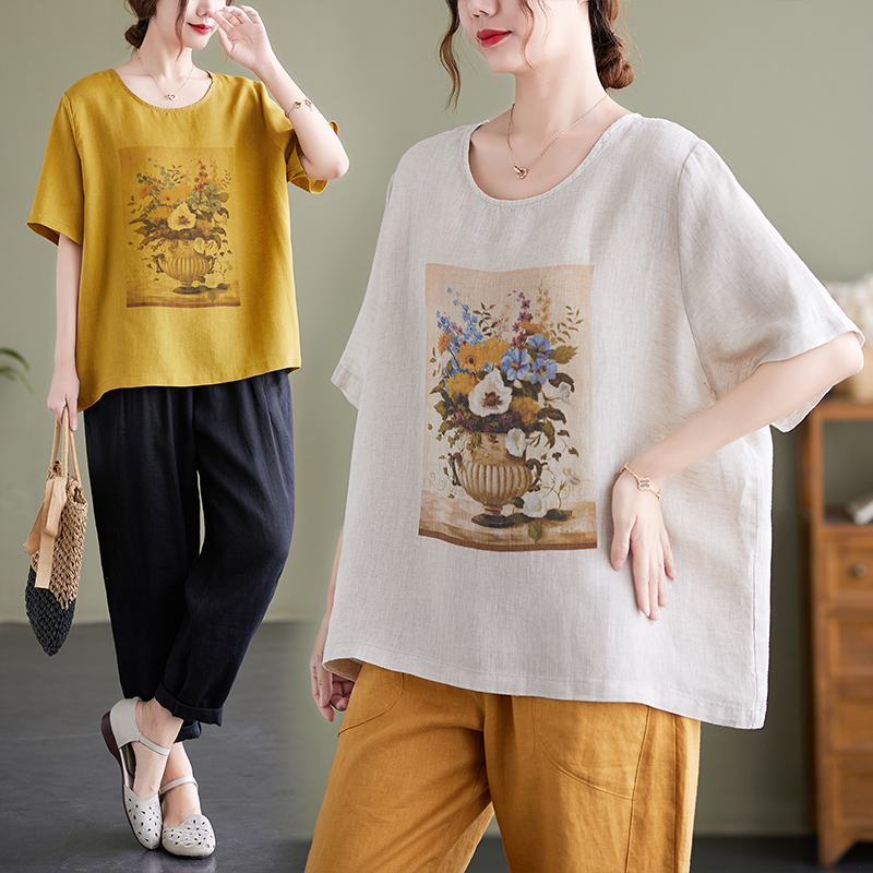 เสื้อทีเชิ้ตคนอ้วนผู้หญิงสไตล์คอตตอนลินินมีไซต์อก 47-48 นิ้ว