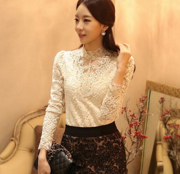 เสื้อผ้าลูกไม้ ผสม ผ้าชีฟอง แขนยาว แบบหรู สีขาว เสื้อแขนยาว มีดีไซน์ ใส่ไปงานแต่งงาน ไปงานราตรี เสื้อแฟชั่น คอตั้ง ลูกไม้ แฟชั่นจาก ยุโรป 658009_1