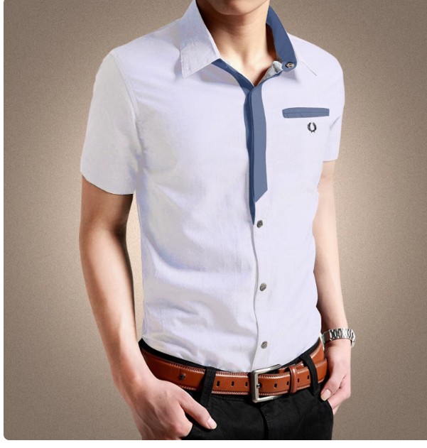 เสื้อเชิ้ตแขนสั้น เสื้อเชิ้ตผู้ชาย ใส่ทำงาน แบบมีสไตล์ เสื้อเชิ้ตแฟชั่น เสื้อคอปก ดีไซน์ กระดุม 2 สี มีกระเป๋าหน้า คอปก และ แขนลายทาง สีขาว 63196_1