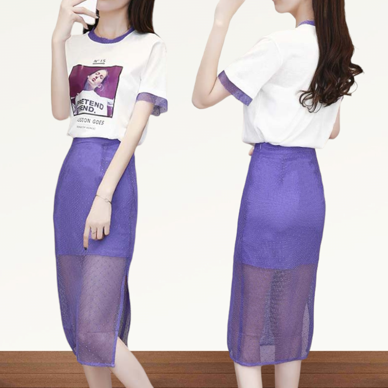 Set_bs1670 ชุดเซ็ท 2 ชิ้น(เสื้อ+กระโปรง) เสื้อยืดสีพื้นขาวสกรีนลายดิจิตอลสีสวยคมชัด+กระโปรงซิปข้างผ้าตาข่ายเนื้อดีหนาสวยมีซับในผ่าชายกระโปรงเล็กน้อยเพื่อความคล่องตัว งานสวยงานดีสวยชิคไม่ซ้ำใคร มี 2 สี ม่วง, ดำ