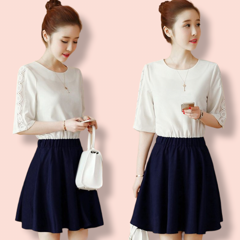 Dress4302 เดรสทรงสวยสีพื้นขาว แขนสามส่วนแต่งลูกไม้ฉลุ ตัดต่อกระโปรงสีพื้นกรมเอวยืด งานดีทรงดี ดีเทลดีงาม ดีไซน์เหมือนใส่สองชิ้น ผ้าเนื้อดีหนาสวยมีน้ำหนักทิ้งตัวสวย