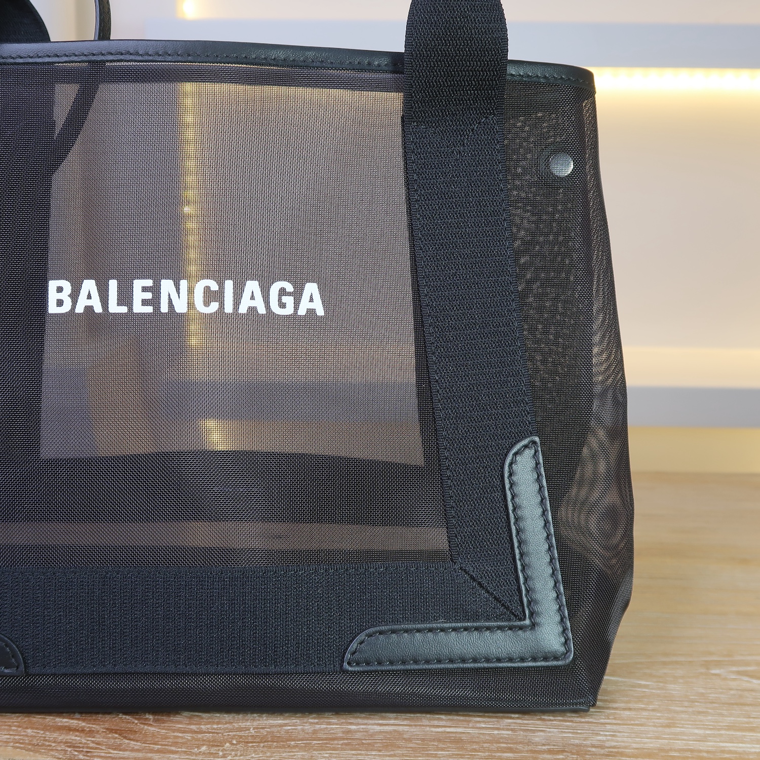 Balenciaga Black Mesh/Calfskin Logo Cabas S Tote Bag