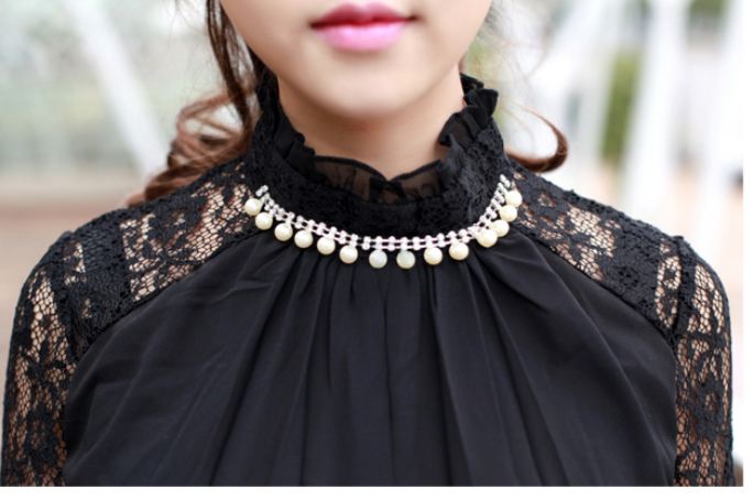 เดรส ผ้าลูกไม้ เดรสออกงาน ราตรี สีดำ สุดหรู ใส่ไปงาน แขนยาว ดูไฮโซ แต่งมุขที่คอ กระโปรงผ้าลูกไม้ผสมหนัง แต่งเม็ดบีดชายกระโปรง 127721_1