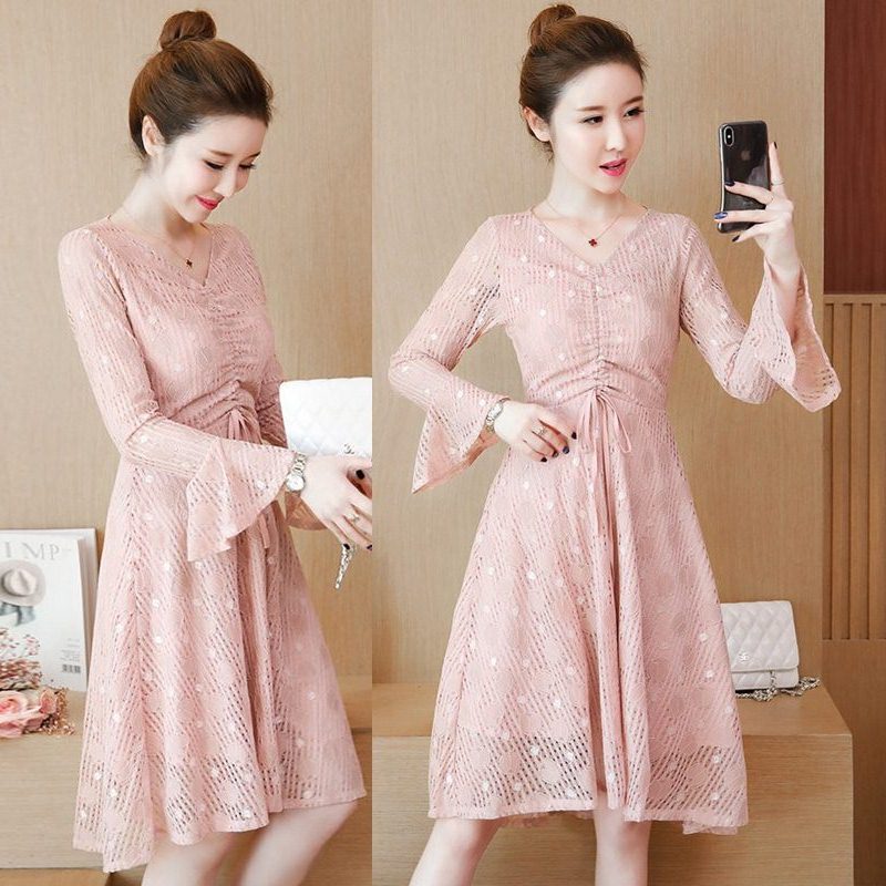 Dress4503 เดรสยาวลูกไม้ทรงสวย แขนยาวแต่งระบาย มีเชือกรูดกลางอกเก๋ๆ ดูมีดีเทล ผ้าลูกไม้เนื้อดีหนาสวยเกรดพรีเมียม งานดีผ้าสวยเหมือนราคาหลักพัน