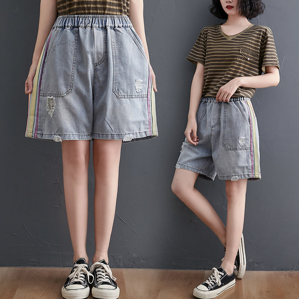 กางเกงยีนส์ขาสั้น กางเกงขาสั้น กางเกงขาสั้นเอวยืด By LZcotton and linen