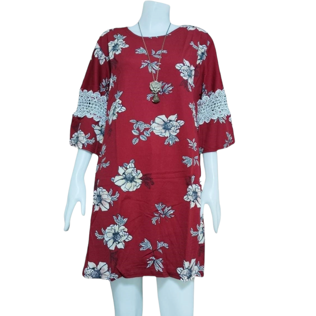 Dress4388 เดรสไซส์ใหญ่ทรงปล่อยลายดอกไม้ แขนสามส่วนระบายแต่งลูกไม้ ผ้าวูลเวฟ(ผ้าหนังไก่)เนื้อดีหนานิ่มมีน้ำหนักยืดขยายได้เยอะใส่สบายสุด งานดีทรงสวย ทรงนี้ใส่ได้เรื่อยๆ **พร้อมส่ง 4 สี แดง, เขียวมิ้นท์, กรม, ดำ