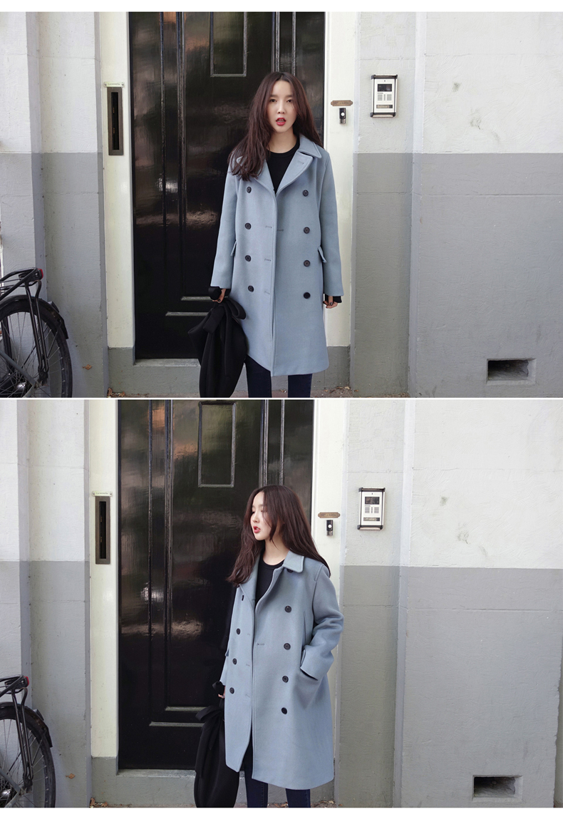OverCoat เสื้อโค้ทกันหนาว สไตล์เกาหลี สีฟ้าอ่อน ตัวยาวแต่งกระดุมสองแถว บุซับในฟกันลม พร้อมส่ง สีฟ้าอ่อน L