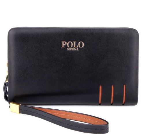 กระเป๋าสตางค์ หนังแท้ Polo ใบยาว 2 ซิป ผู้หญิง ผู้ชาย สีดำ ดีไซน์ ลายไม้ เรียบหรู สุขุม สไตล์นักบริหาร เป็นเอกลักษณ์ ใส่บัตรได้ จุใจ no 4813837_1