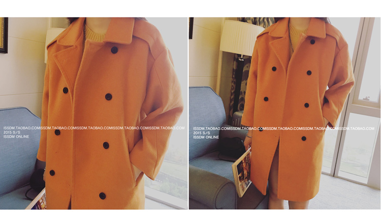 เสื้อโค้ทกันหนาว สีส้ม ทรงยาวโคล่ง แต่งกระดุุม 2 แถว ผ้าวูลผสมสักกะหลาด บุซับในกันลม พร้อมส่ง สีส้มโทนเดียวกับในภาพเลยค่า