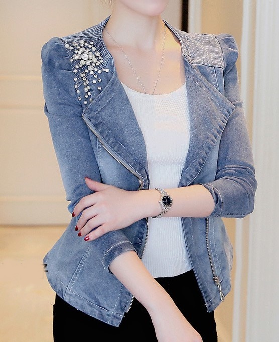 แฟชั่น เสื้อ แจ็คเก็ต ยีนส์ ผู้หญิง jacket ยีนส์ แขนยาว ตกแต่ง เพชร และ ไข่มุก ใส่ทำงาน แบบเก๋ แจ็คเก็ตยีนส์สวย ๆ 109088