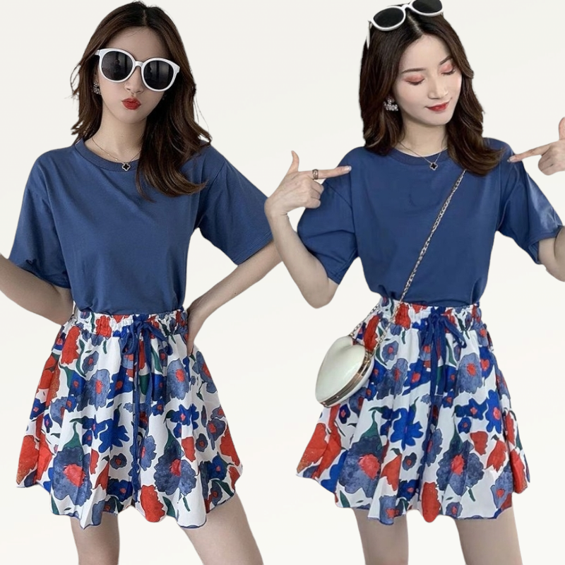 Set_bp1788 ชุดเซ็ท 2 ชิ้น(เสื้อ+กางเกง) เสื้อยืดแขนสั้นสีฟ้าครามผ้าคอตตอนเนื้อนุ่มยืดหยุ่นสูง+กางเกงขาสั้นทรงปล่อยลายดอกไม้เอวยืดมีซับในผ้าสลาฟเนื้อดีเรียบสวยไม่ยับง่าย งานเซ็ทเข้าชุดสุดน่ารัก ดีเทลเก๋ๆ ดีงาม แมทช์ได้ลงตัวเข้ากันดูดีที่สุ