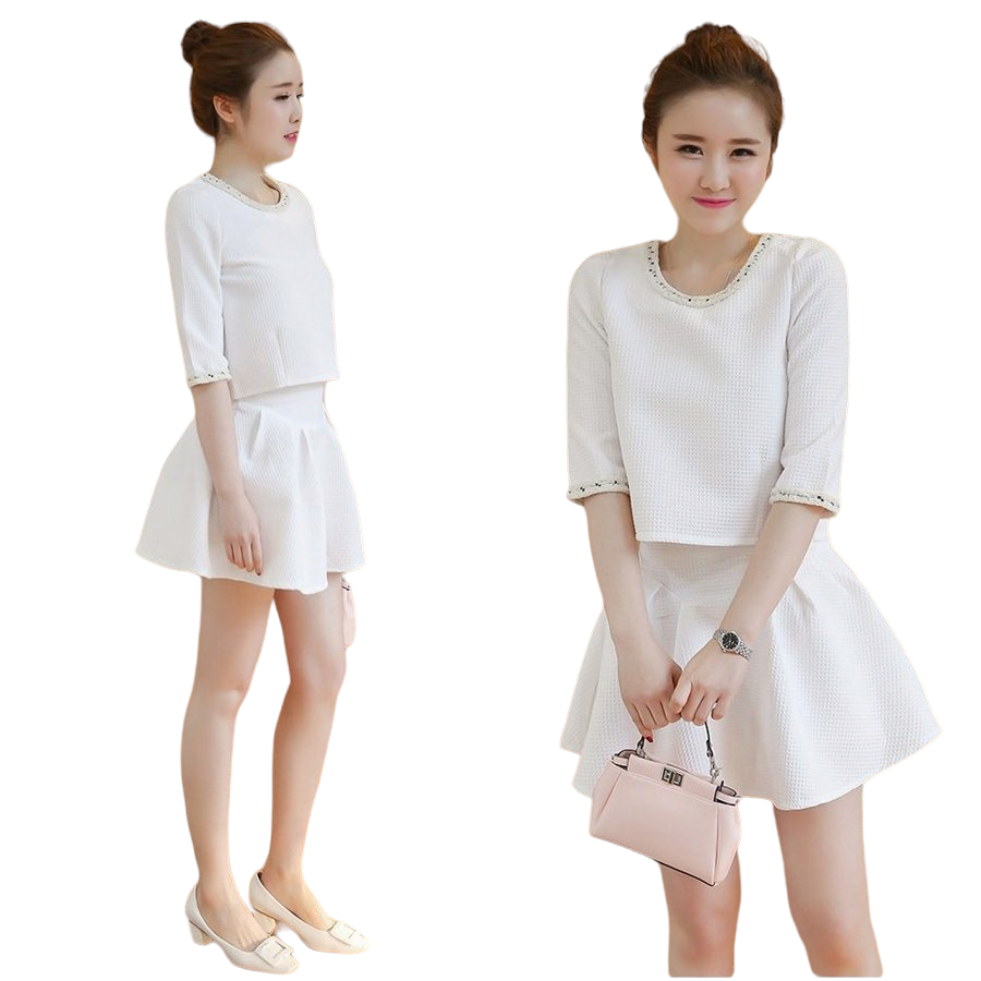 Set_bs1455 ชุดเซ็ท 2 ชิ้น(เสื้อ+กระโปรง) เสื้อแขนสามส่วนสีขาวครีมแต่งแถบวิ้งๆ ช่วงคอและแขน+กระโปรงบานซิปหลังสีขาวครีมเข้าชุด ผ้าวาฟเฟิลเนื้อหนาเรียบสวยยืดขยายได้ งาน Set เข้าชุด ใส่แล้วน่ารักมาก
