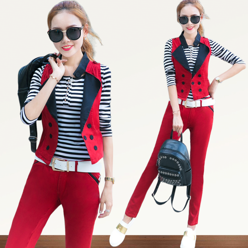 Set_bt1661 ชุดเซ็ท 4 ชิ้น(เสื้อตัวใน+เสื้อตัวนอก+กางเกง+เข็มขัด) เสื้อกั๊กคอปกกระดุมหน้า+เสื้อแขนยาวตัวในลายริ้วสีขาวดำ+กางเกงขายาวผ้ายีนส์สกินนี่เนื้อดีหนาสวยยืดขยายได้เยอะ งานเซ็ทสุดคุ้ม ดีเทลดีงาม ได้ลุคเท่ๆ เก๋ๆ ไม่ซ้ำใคร