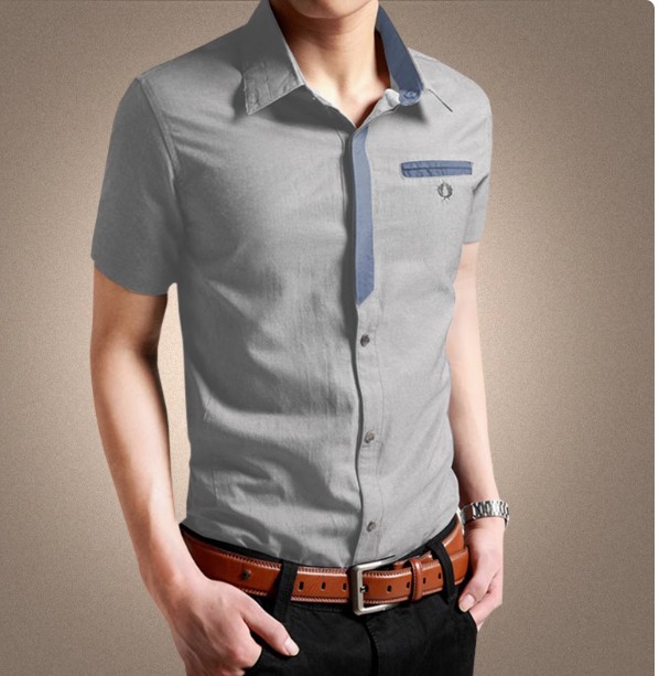 เสื้อเชิ้ตแขนสั้น เสื้อเชิ้ตผู้ชาย ใส่เที่ยวใส่ทำงาน ดีไซน์ มีลูกเล่น ที่แนวกระดุม ซ่อนกระดุมครึ่งบน กระเป๋าหน้า สีพื้น สีเทา no 213444