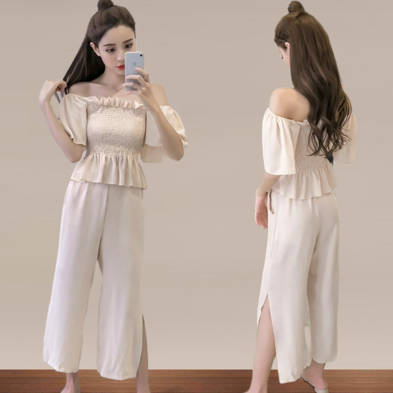 Set_bt1800 ชุดเซ็ท 2 ชิ้น(เสื้อ+กางเกง) เสื้อเปิดไหล่สม็อครอบอกแขนทรงปล่อย+กางเกงขายาวเอวยางยืดผ่าชายเล็กน้อยเพื่อความคล่องตัว มีกระเป๋าข้าง ผ้าชีฟองเกรดพรีเมียมเนื้อดีหนานุ่มมีน้ำหนักใส่สบายไม่ยับง่าย งานน่ารักเก๋ๆ ใส่เที่ยว/ใส่ทำงานได้