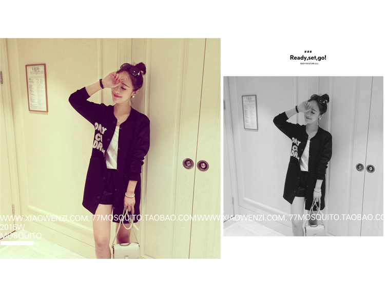 เสื้อคลุมสไตล์เกาหลี สีดำแต่งลายสกรีน ทรงยาว น่ารัก พร้อมส่งจ้า สีดำ