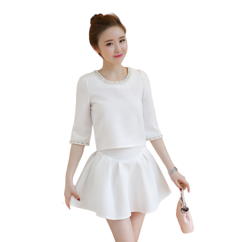 Set_bs1455 ชุดเซ็ท 2 ชิ้น(เสื้อ+กระโปรง) เสื้อแขนสามส่วนสีขาวครีมแต่งแถบวิ้งๆ ช่วงคอและแขน+กระโปรงบานซิปหลังสีขาวครีมเข้าชุด ผ้าวาฟเฟิลเนื้อหนาเรียบสวยยืดขยายได้ งาน Set เข้าชุด ใส่แล้วน่ารักมาก