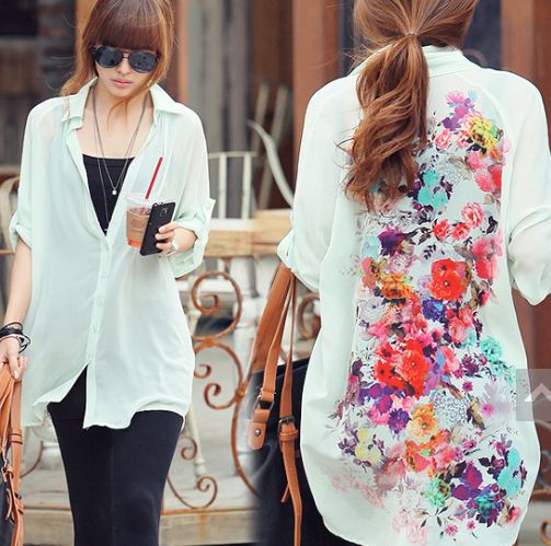เสื้อแขนยาว สีขาว เนื้อผ้า ชีฟอง ใส่เป็นเสื้อคลุม ปริ้นลาย ดอกไม้ด้านหลัง แบบสวย สไตล์ เกาหลี no 33236