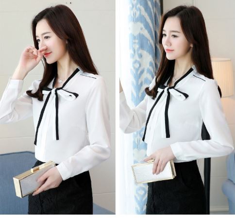เสื้อเชิ้ตผู้หญิง เสื้อเชิ้ตแขนยาว ผ้าซีฟอง แขนพอง ตกแต่งด้วย โบว์ แบบหวาน ๆ สีฟ้า สีขาวครีม s235198