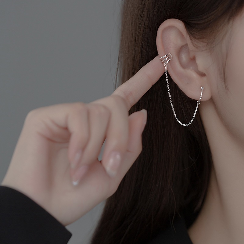 ต่างหูหนีบ Ear Cuff รุ่น Clound เงินแท้S925 ต่างหูคลิปหนีบห่วงและ3แฉก แต่งโซ่ สีเงิน Silver925