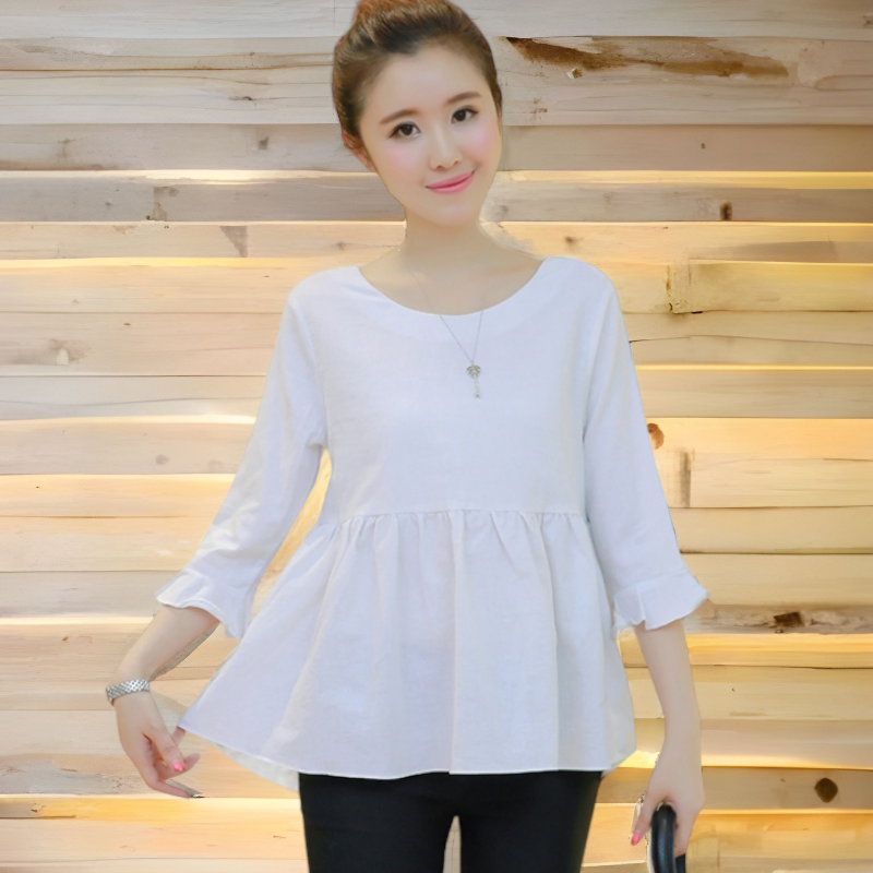 Blouse3783 เสื้อแฟชั่นแขนสามส่วนชายระบาย ผูกโบว์หลัง งานน่ารักสไตล์เกาหลี ผ้าฝ้ายลินินเนื้อดีใส่สบาย งานสวยแมทช์ง่าย ใส่กับอะไรก็เข้า