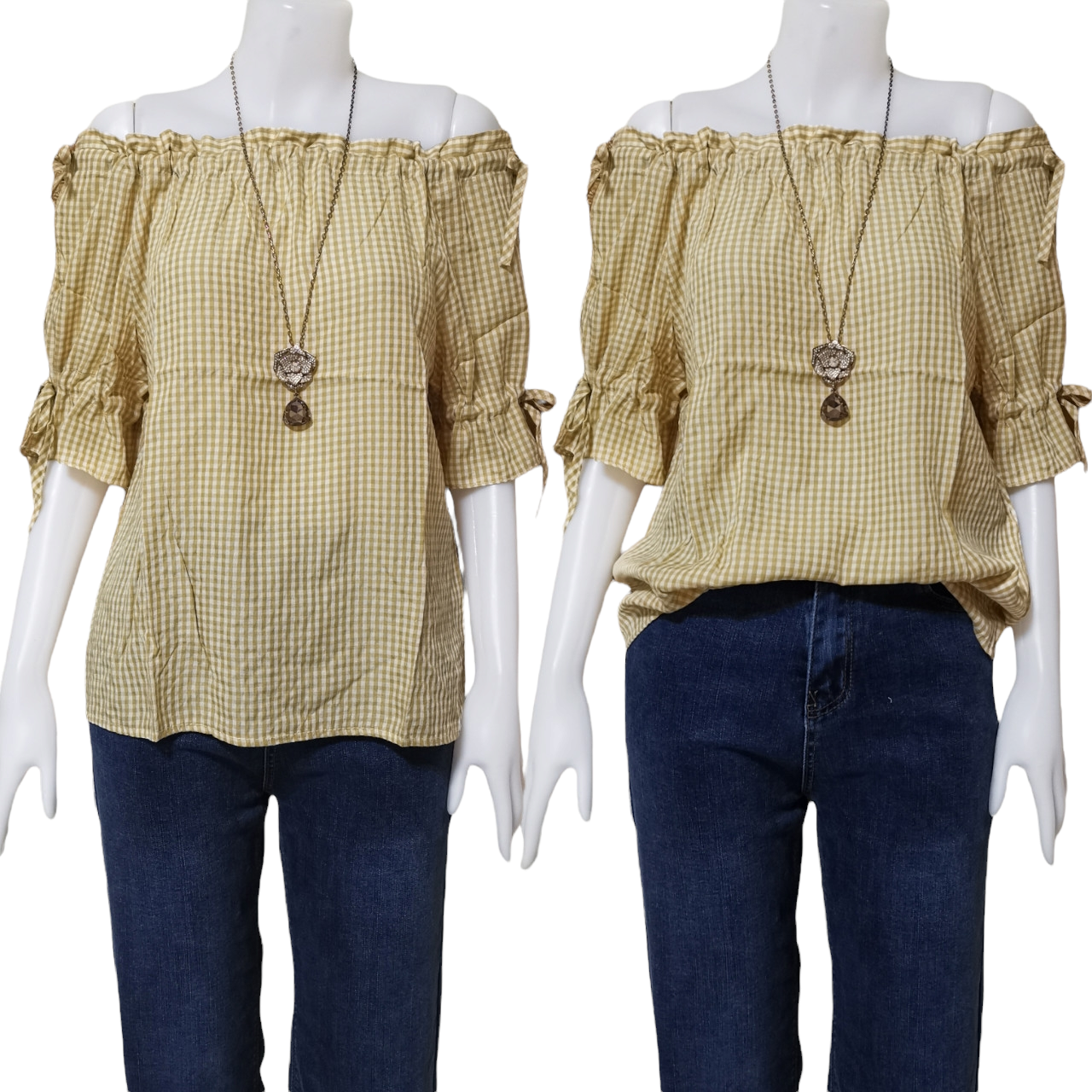 Blouse3904 เสื้อเปิดไหล่ลายสก็อตโทนสีเหลืองมัสตาร์ด แต่งเชือกรูด แขนทรงปล่อย สามารถใส่เปิดไหล่หรือเกาะไหล่ก็ได้ ผ้าโพลีเนื้อดีนุ่มใส่สบาย