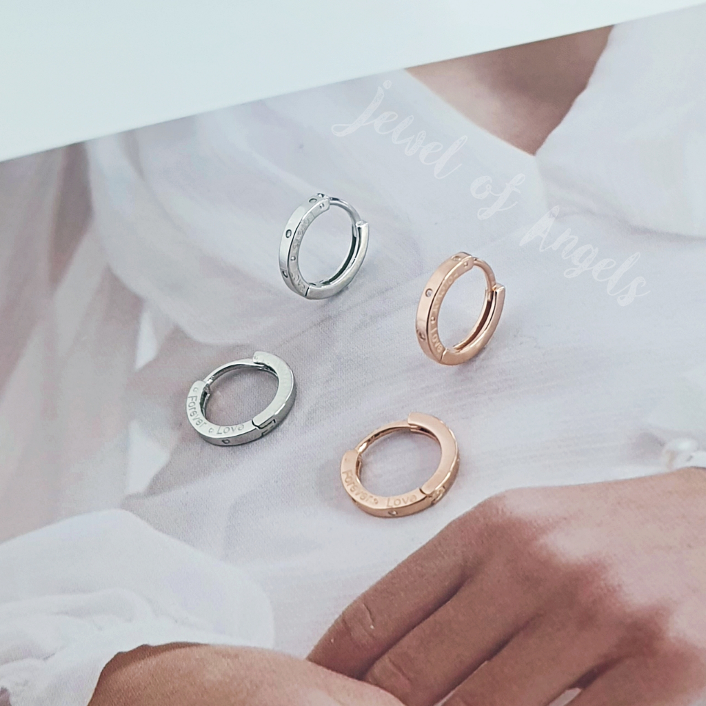 ต่างหูเงินแท้ S925 รุ่น Forever Love ต่างหูห่วงเล็ก เพชรCZ 3เม็ด สีเงิน พิงค์โกลด์ ตุ้มหูเงินS925