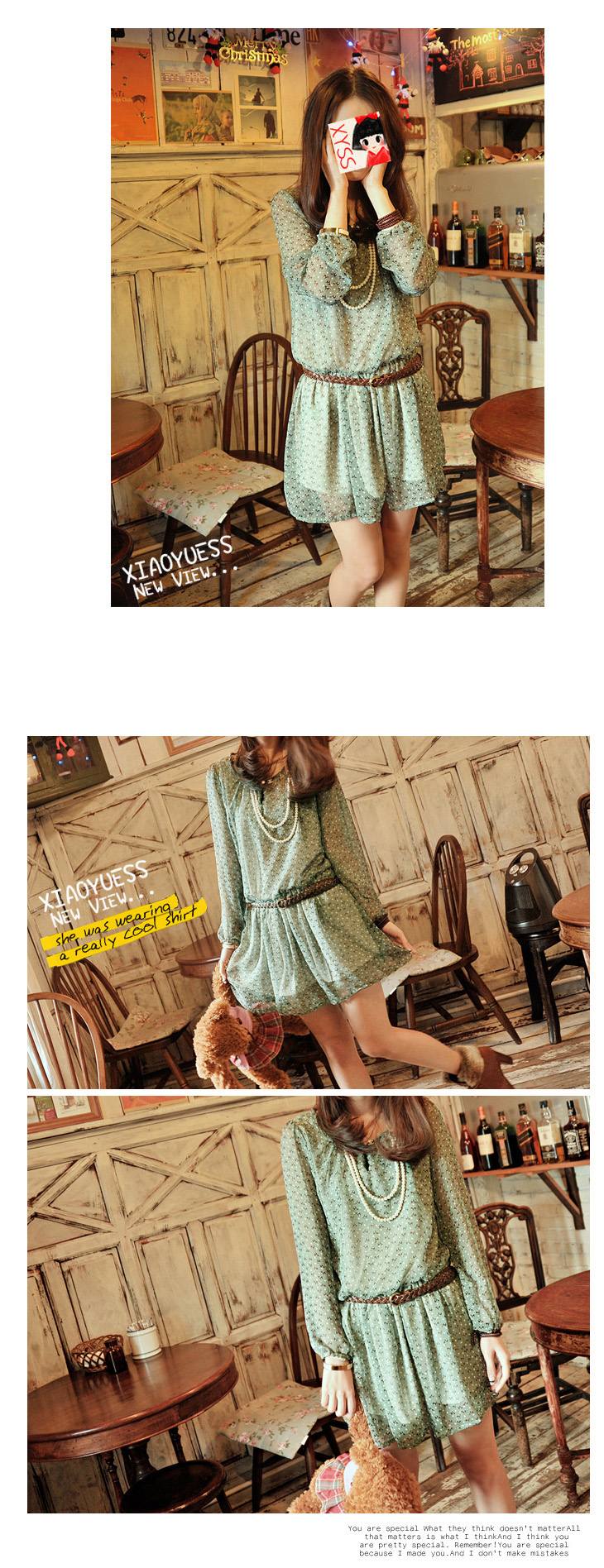 เดรสลายแมวน้อย พร้อมเข็มขัด น่ารักมาก พร้อมส่งค่าา same pic free