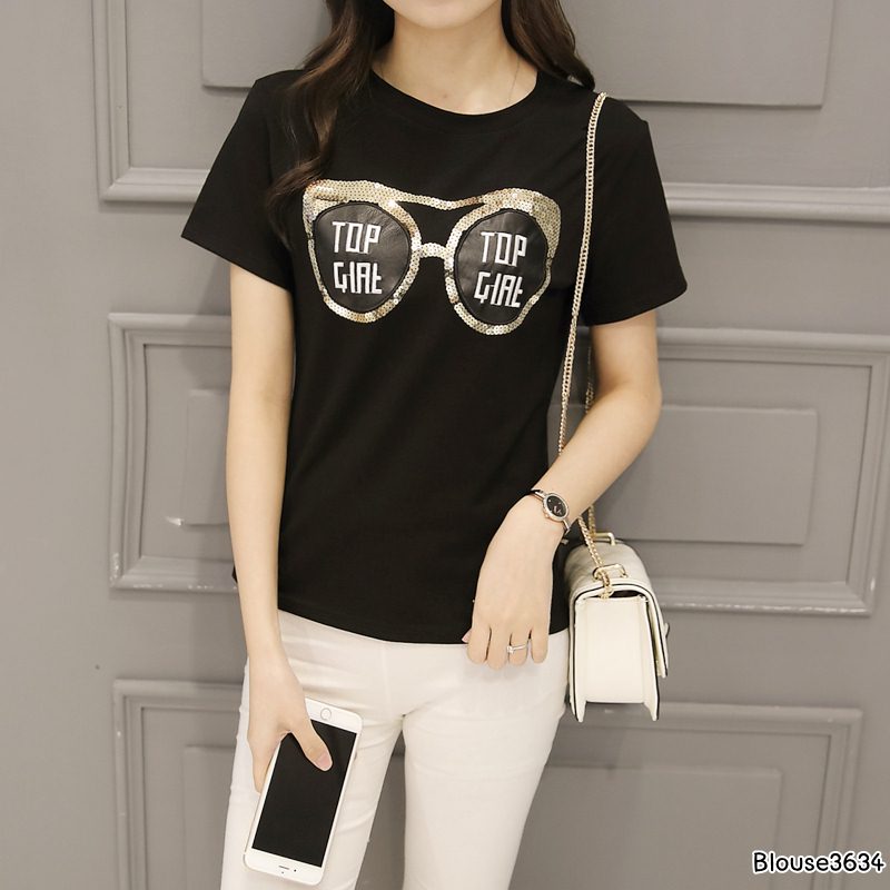 Blouse3846 รวมเสื้อยืดแฟชั่นเกาหลีหลายแบบหลายลาย ผ้าคอตตอนเนื้อดีใส่สบาย ผ้านุ่มน่าใส่ยืดหยุ่นได้เยอะ งานสวยแมทช์ง่าย ใส่กับอะไรก็เข้า