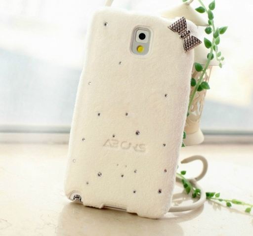 เคส Samsung galaxy note 3 n9000 n9009 n9005 เคสขนนุ่ม ติดคริสตัล วิ้ง ๆ และ โบว์ ที่ขอบ สีขาว no 74248