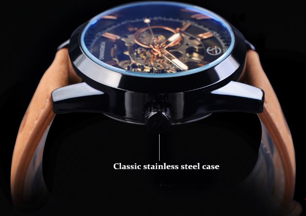 นาฬิกาข้อมือ โชว์กลไก Mechanical watch สายหนังแท้ สีน้ำตาล แบบวัยรุ่น หน้าปัดกันรอย แบบสวย ดีไซน์เท่ 352378