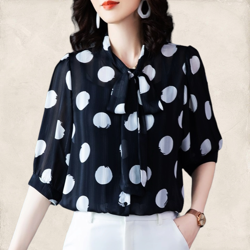 Blouse4047 เสื้อชีฟองไซส์ใหญ่ลายวงกลมกราฟฟิคสีดำ ทรงคอวีแต่งโบว์ผูก ผ้าชีฟองเนื้อดีนุ่มใส่สบาย