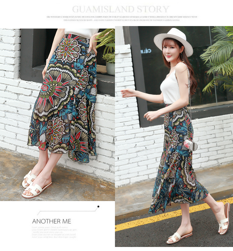 Skirt399 กระโปรงยาวลายดอกไม้กราฟฟิคมีซับในเอวยางยืดซิปข้างผ้าชีฟองเนื้อดีนุ่มมีน้ำหนักใส่สบาย งานสวยแมทช์ง่าย ใส่กับเสื้อทรงไหนก็ดูดี มี 2 โทนสี ฟ้า, น้ำตาล