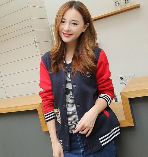 เสื้อ แจ็คเก็ต ผู้หญิง สไตล์ เสื้อ เบสบอล เสื้อ Jacket สีน้ำเงิน ตัดกับ แขนสีแดง แบบสวย เสื้อคลุม ใส่เที่ยว ใส่เรียน แบบน่ารักสไตล์ เกาหลี 814538
