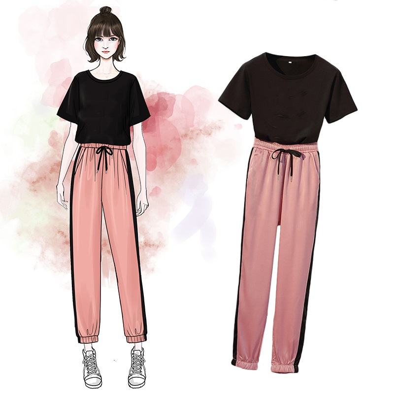 Set_bt1770 ชุดเซ็ท 2 ชิ้น(เสื้อ+กางเกง) เสื้อยืดแขนสั้นสีดำผ้าคอตตอนเนื้อดีนุ่มยืดหยุ่นสูงใส่สบาย+กางเกงขายาวปลายขาจัมพ์สีชมพูแต่งแถบข้างสีดำ เอวยางยืด มีกระเป๋าข้าง ผ้าซาตินกำมะหยี่เนื้อดีนุ่มใส่สบาย งานน่ารักเก๋ๆ ใส่สวย งานเซ็ทเข้าชุดสุ