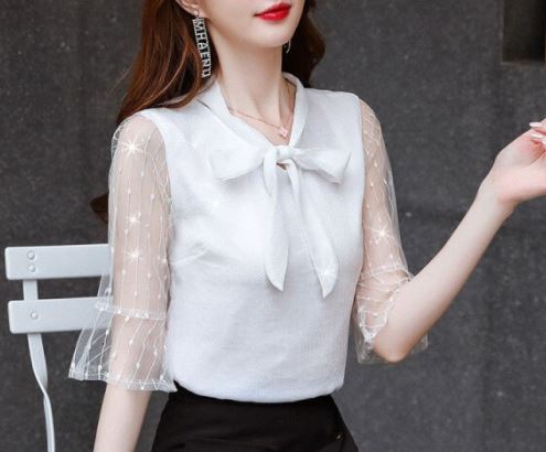 เสื้อเชิ้ตผู้หญิง เสื้อเชิ้ต ผ้าซีฟอง ใส่ทำงาน แบบน่ารัก สไตล์คุณหนู แต่งโบว์ ที่คอ แบบเก๋ ดีไซน์สวย 947109