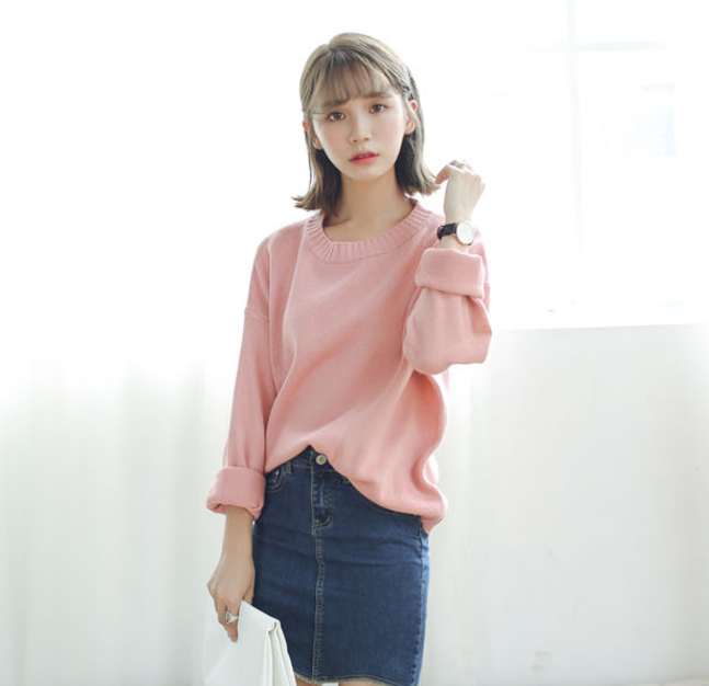 Sweater เสื้อสเวทเตอร์แขนยาว สีชมพู ทรงสวย จะใส่เดี่ยวไหรือใส่โค้ทคลุมก็เริ่ด