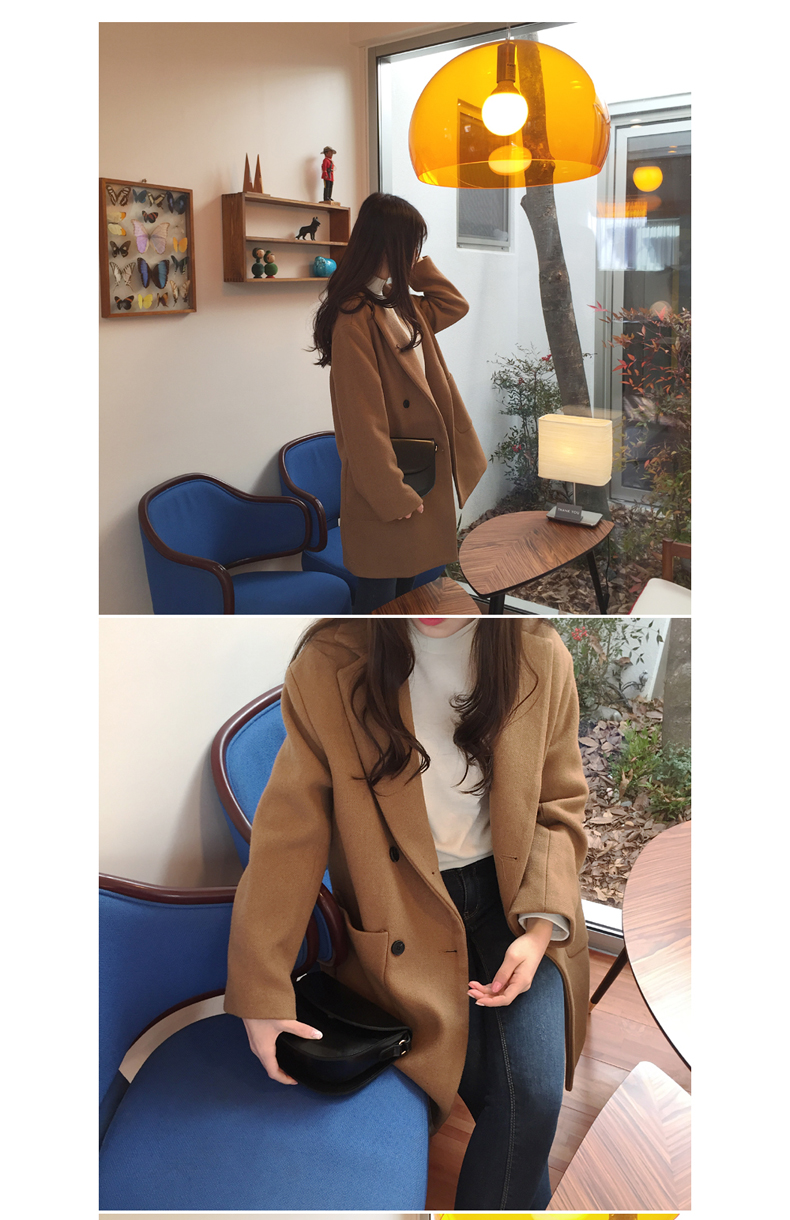 เสื้อโค้ทกันหนาว รุ่นกระดุม 2 แถว ทรงโคล่ง ผ้าวูลผสมสักกะหลาด สไตล์เกาหลี สีน้ำตาล